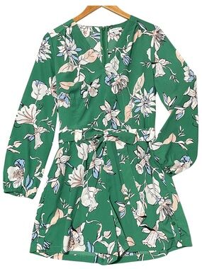 Carolina Belle Green Floral Long Sleeve Romper Belted Pockets Size 6
